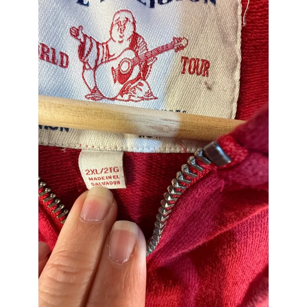 True Religion Mens Red Full Zip Hoodie Gold Horseshoe Logo Sweatshirt 2XL